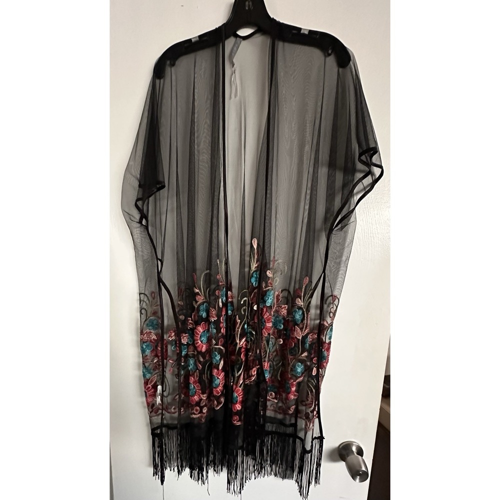 XAMIANI Black Mesh Kimono Duster Embroidered Floral Fringe Boho Festival OS